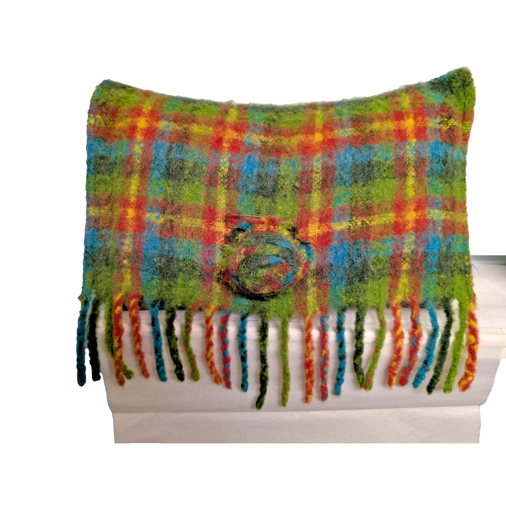 Mackenzie Childs Highland Rose Flower Pillow Wool Mohair Colorful Plaid 2 in 1